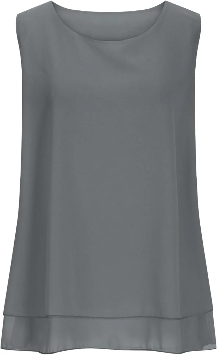 Women Summer Sleeveless Chiffon Shirts, Solid Color Loose Breathable Casual Tank Tops Fashion Ruffle Ruched Hem Clothes