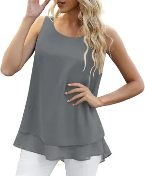 Women Summer Sleeveless Chiffon Shirts, Solid Color Loose Breathable Casual Tank Tops Fashion Ruffle Ruched Hem Clothes