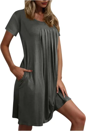 Women Summer T-Shirt Dresses Short Sleeve Pleated Front Swing A Line Dress Short Sleeve Causal Beach Vacation Dresses