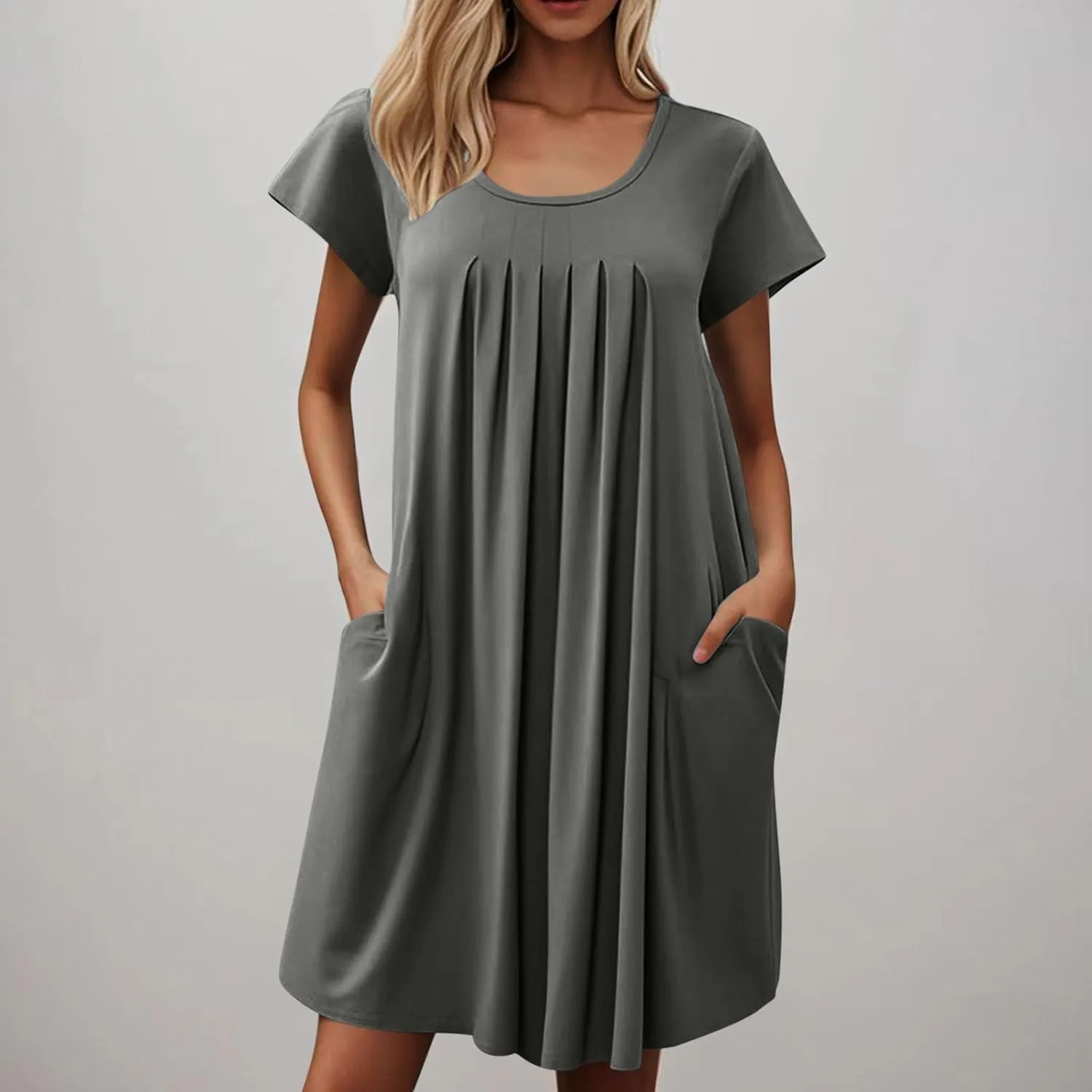 Women Summer T-Shirt Dresses Short Sleeve Pleated Front Swing A Line Dress Short Sleeve Causal Beach Vacation Dresses