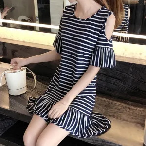Women Summer Trendy Tops Ruffle Collar Striped Dress Korean Slim Look Bare-Shoulder Flare Sleeves Slip Dress