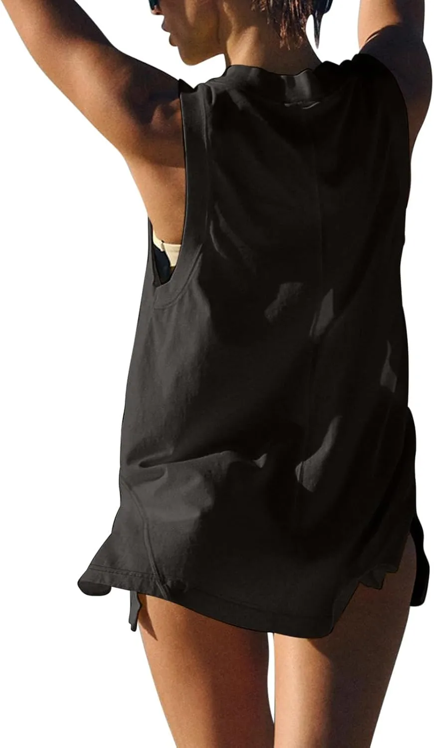 Women Tank Tops Summer Deep V Neck Sleeveless Ruched Side Slit Shirts Casual Fashion Loose Fit Athletic Gym Blouse