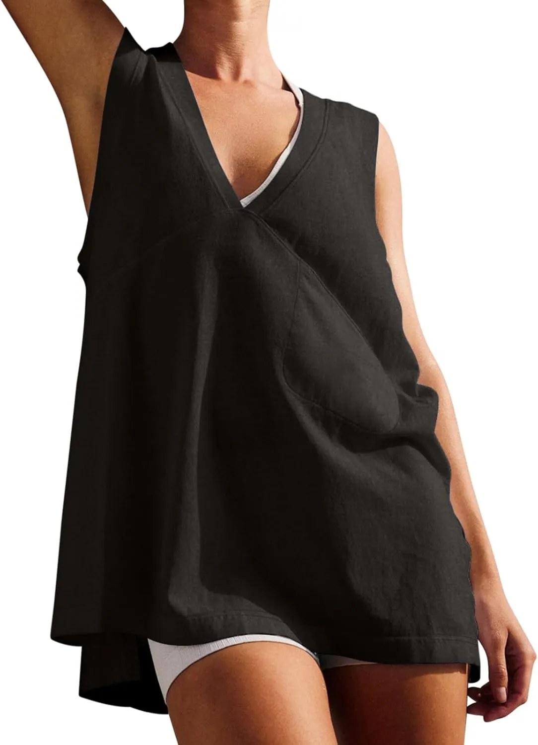 Women Tank Tops Summer Deep V Neck Sleeveless Ruched Side Slit Shirts Casual Fashion Loose Fit Athletic Gym Blouse