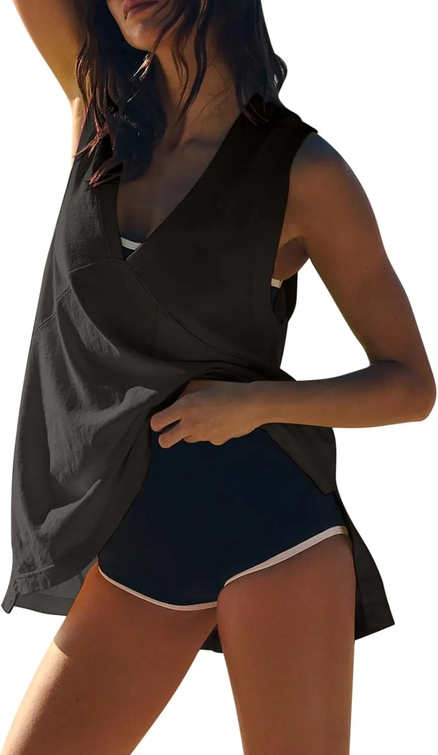 Women Tank Tops Summer Deep V Neck Sleeveless Ruched Side Slit Shirts Casual Fashion Loose Fit Athletic Gym Blouse