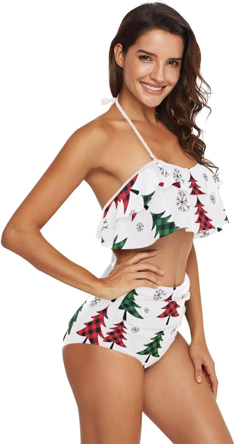 Women Two Piece Swimsuits Ruffle Flounce Halter High Waisted Bikini Bottom