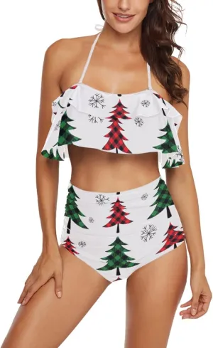 Women Two Piece Swimsuits Ruffle Flounce Halter High Waisted Bikini Bottom