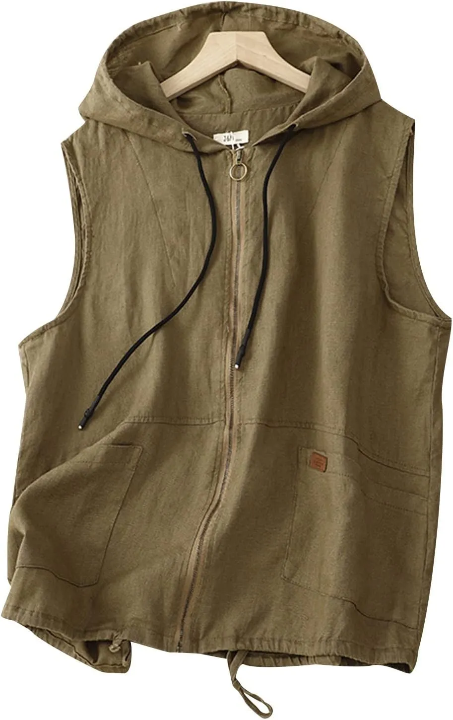 Women Vests with Pocket Hooded Linen Cardigan Casual Loose Stitching Sleeveless Vest Short Jacket Ladies Summer Plus Size Top