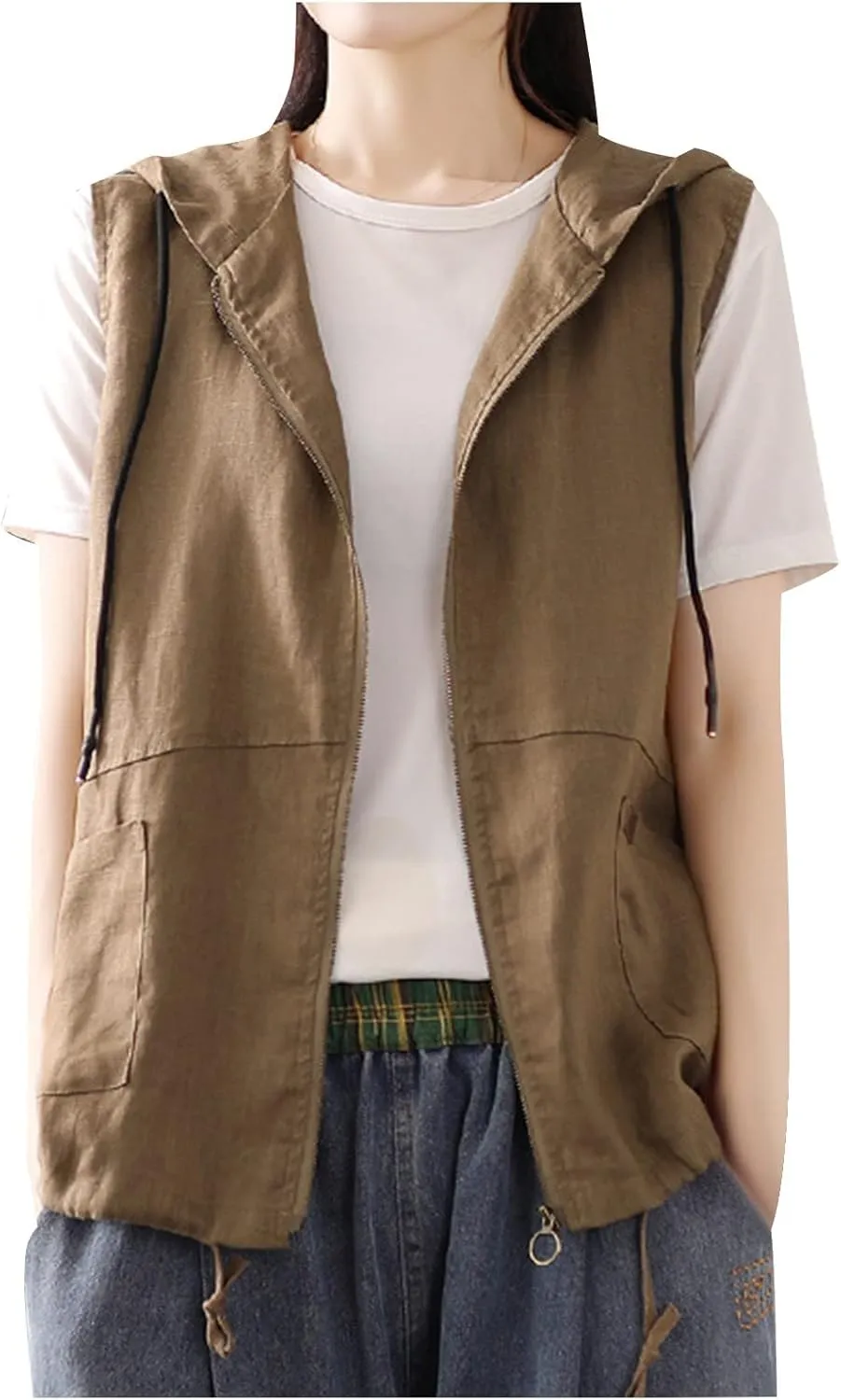 Women Vests with Pocket Hooded Linen Cardigan Casual Loose Stitching Sleeveless Vest Short Jacket Ladies Summer Plus Size Top