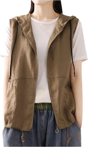 Women Vests with Pocket Hooded Linen Cardigan Casual Loose Stitching Sleeveless Vest Short Jacket Ladies Summer Plus Size Top