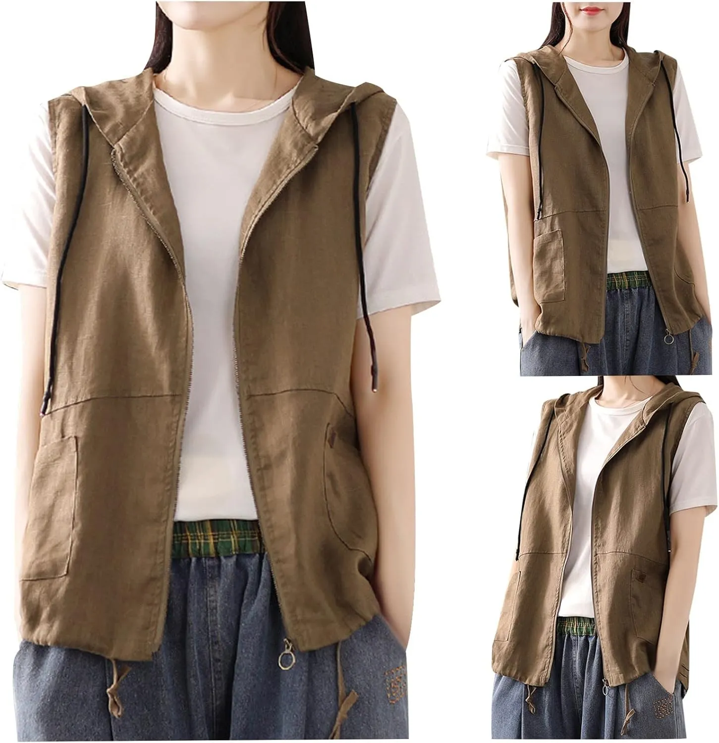 Women Vests with Pocket Hooded Linen Cardigan Casual Loose Stitching Sleeveless Vest Short Jacket Ladies Summer Plus Size Top