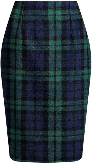 Women Wool Plaid Skirts Knee Length Preppy Clothes Bodycon Checkered Pencil Skirt High Waist Fall Winter Skirts