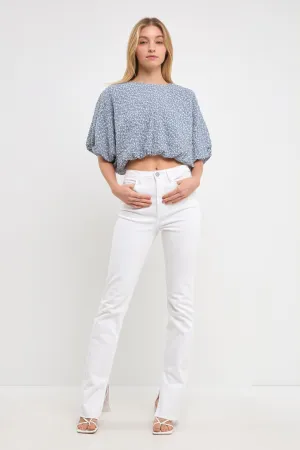 Women Woven Cropped Puff Blouse
