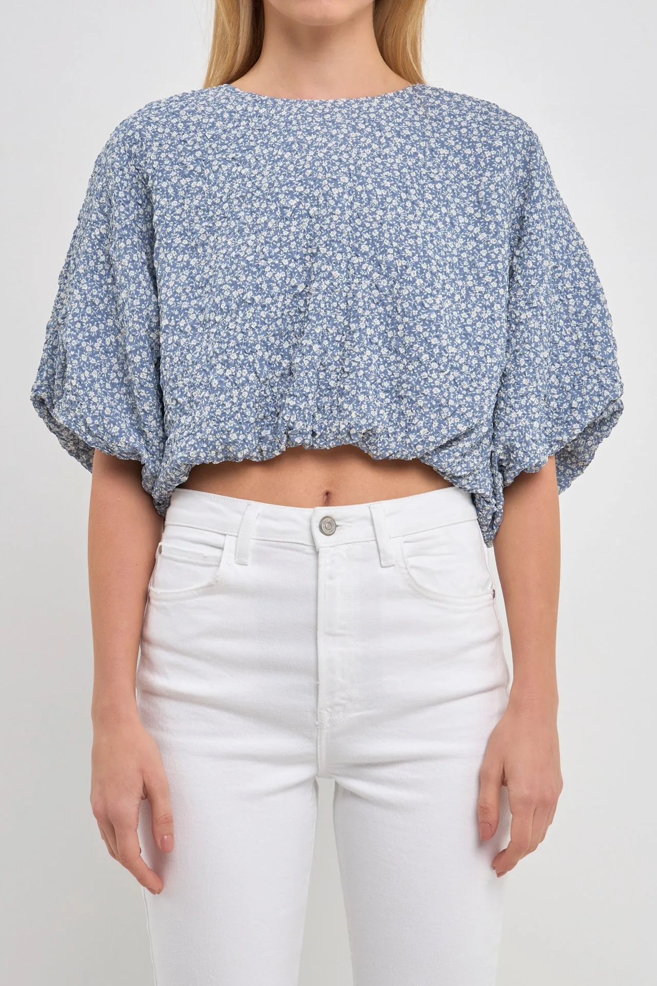 Women Woven Cropped Puff Blouse