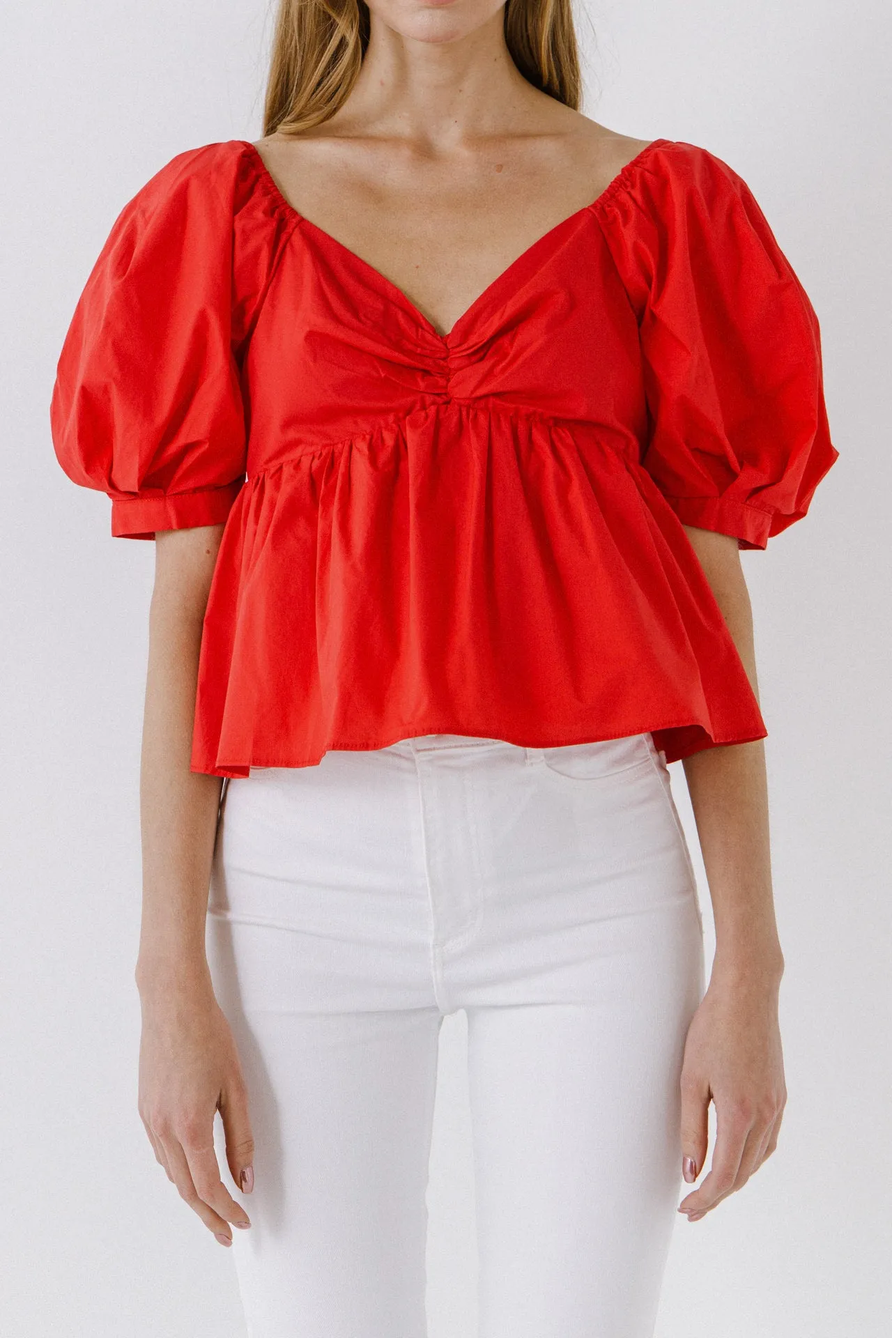 Women Woven Short Puff Sleeve Blouse