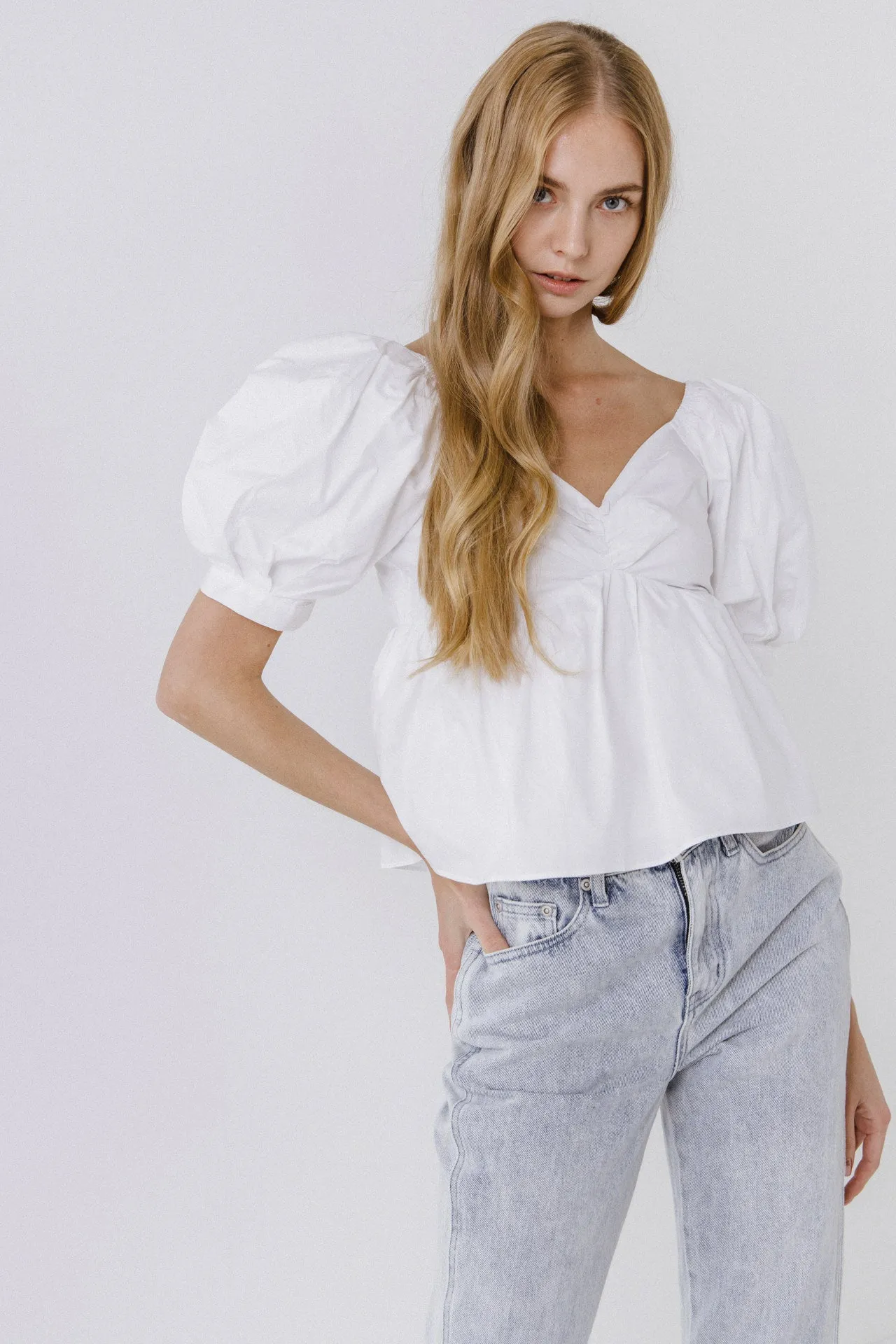 Women Woven Short Puff Sleeve Blouse