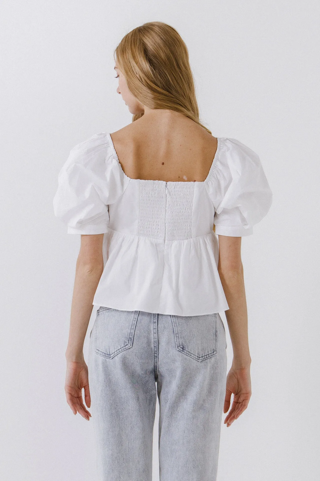 Women Woven Short Puff Sleeve Blouse