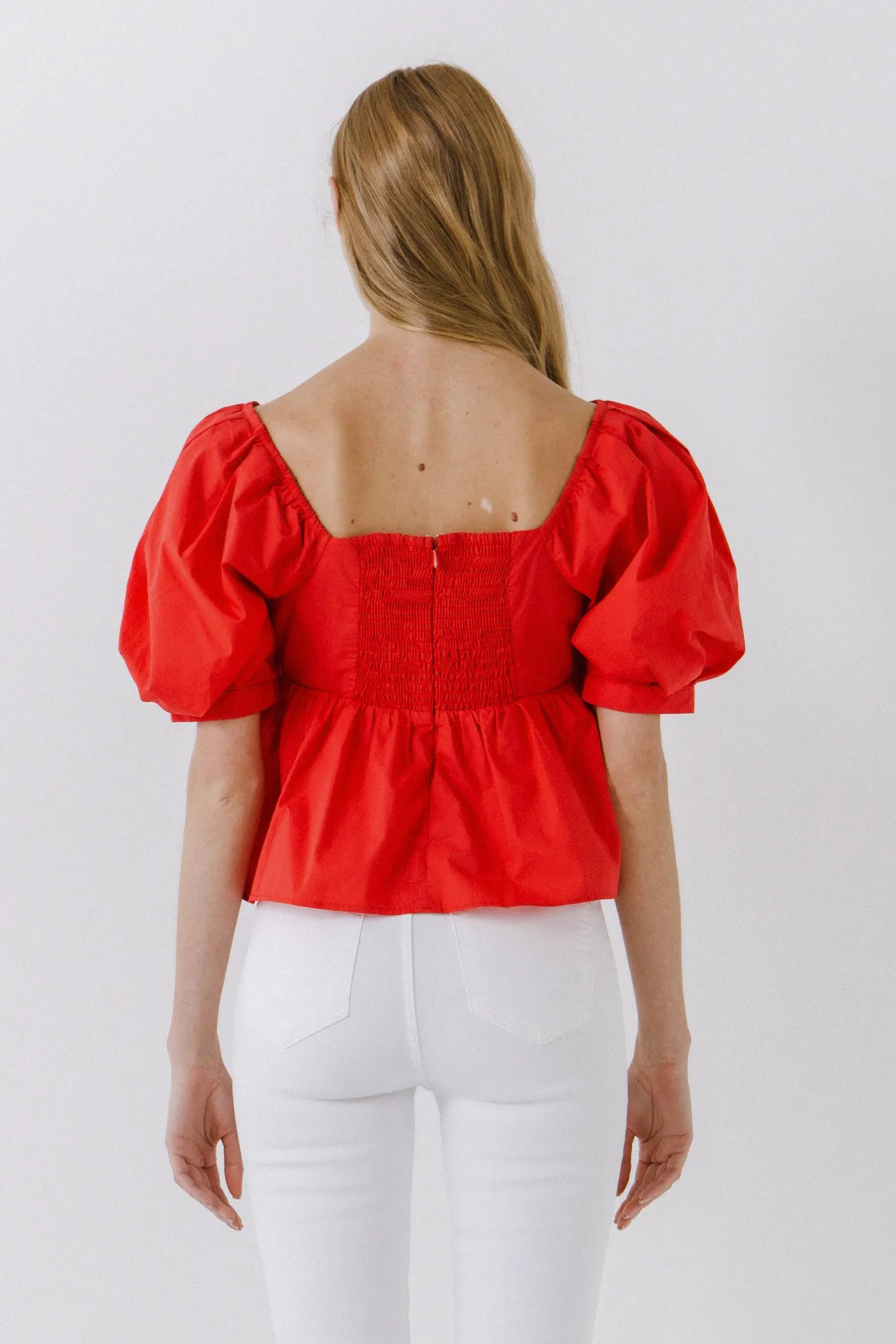 Women Woven Short Puff Sleeve Blouse