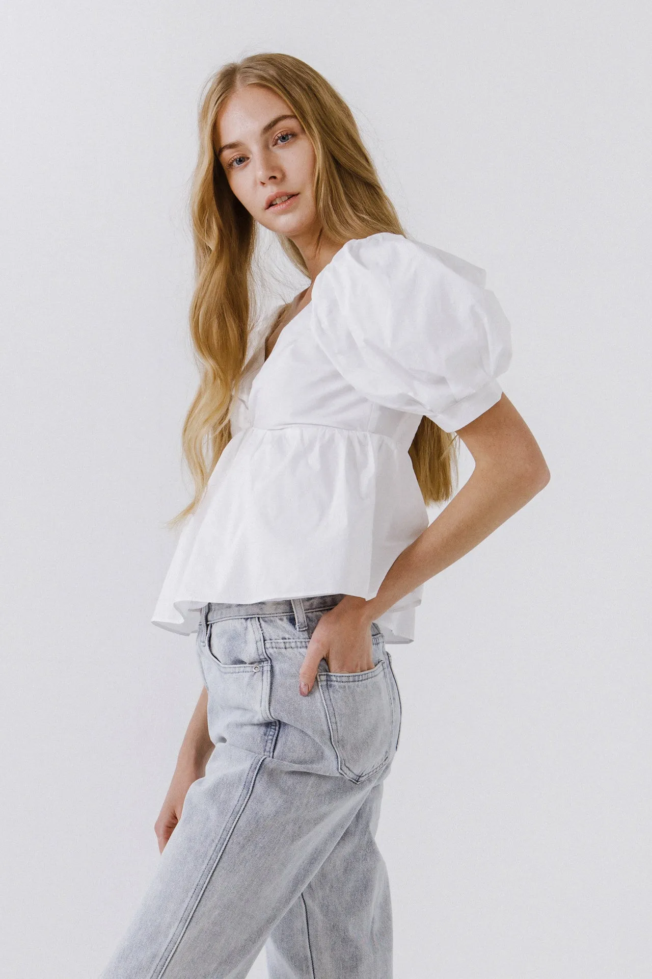 Women Woven Short Puff Sleeve Blouse