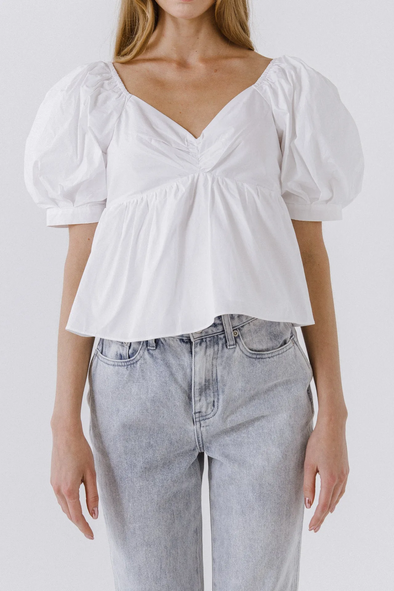 Women Woven Short Puff Sleeve Blouse