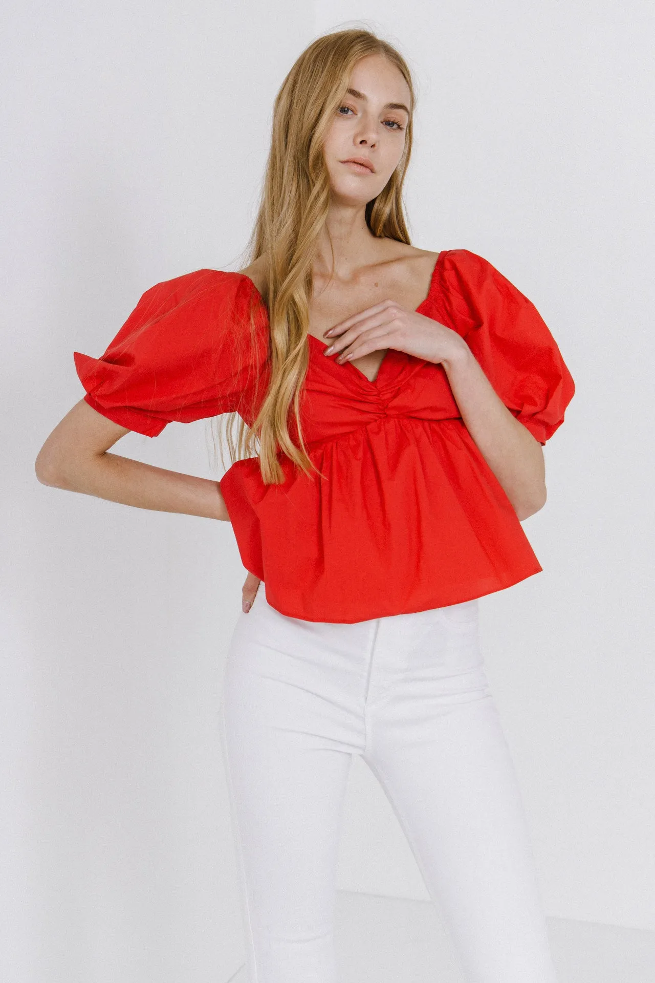 Women Woven Short Puff Sleeve Blouse