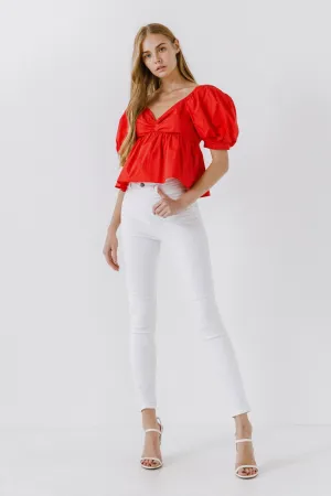 Women Woven Short Puff Sleeve Blouse