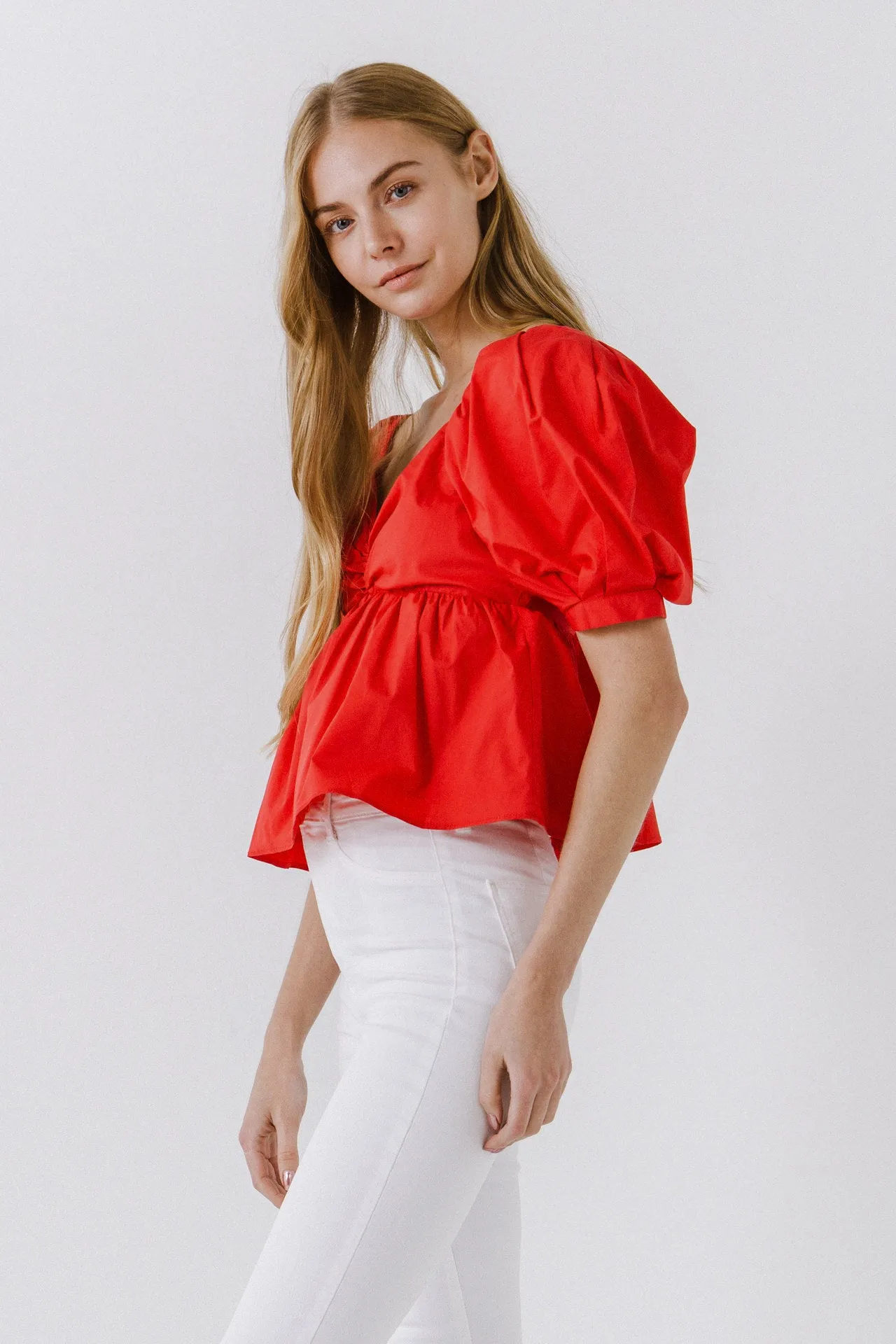 Women Woven Short Puff Sleeve Blouse