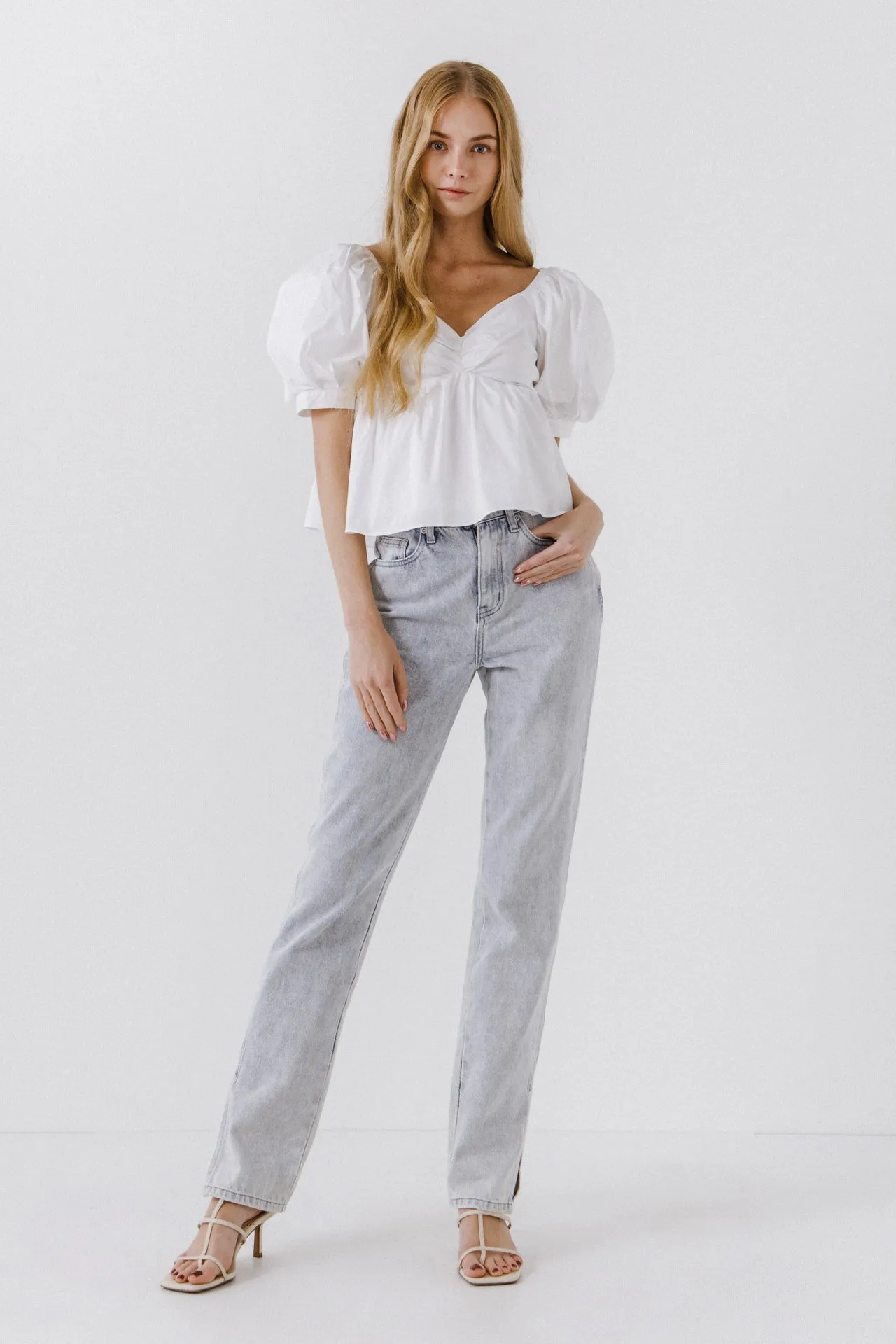 Women Woven Short Puff Sleeve Blouse