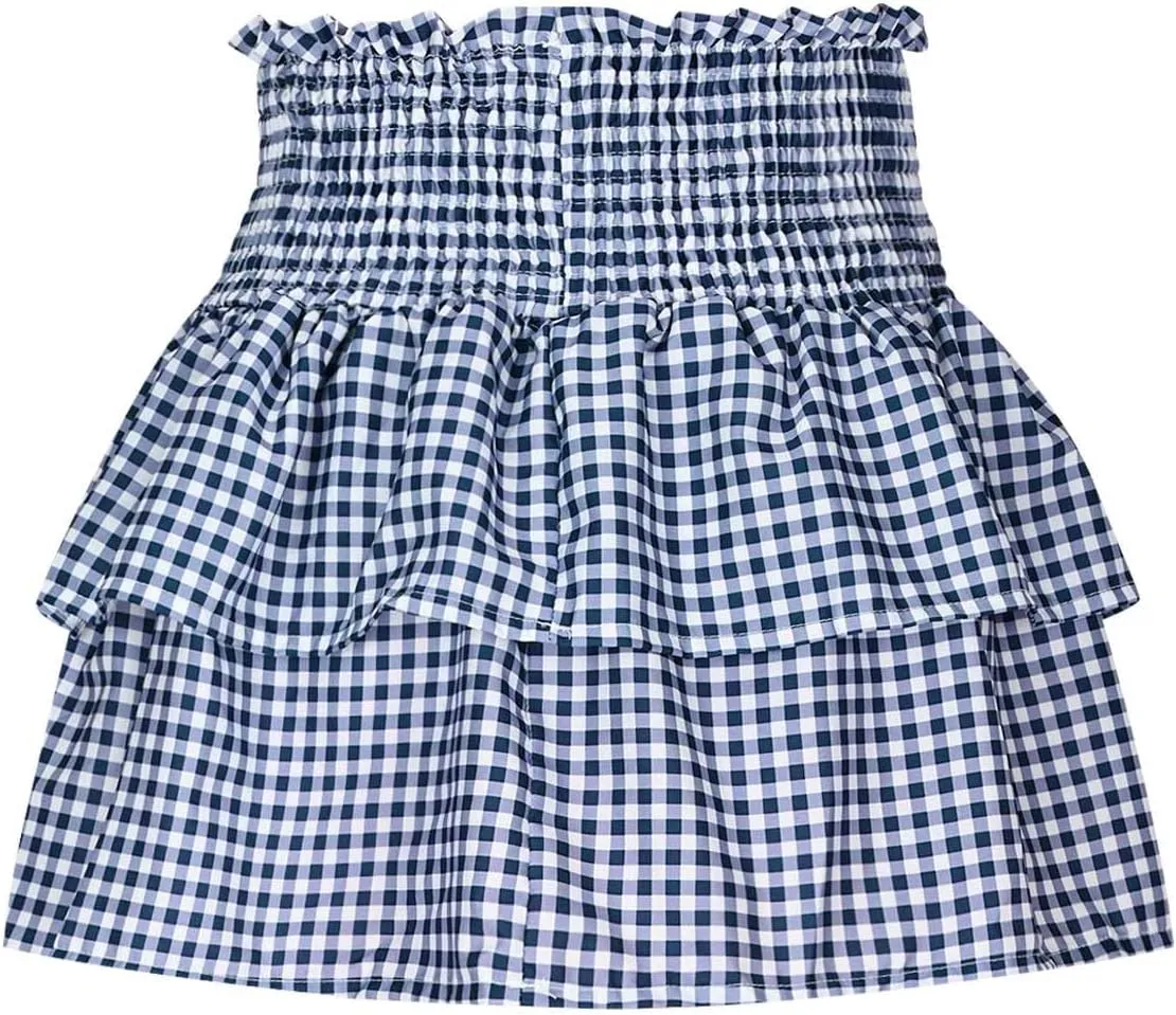 Women Y2k Plaid Ruffle Mini Skirt Smocked Waist Pleated Tiered Short Skirt Spring Summer A-line Skirt Streetwear
