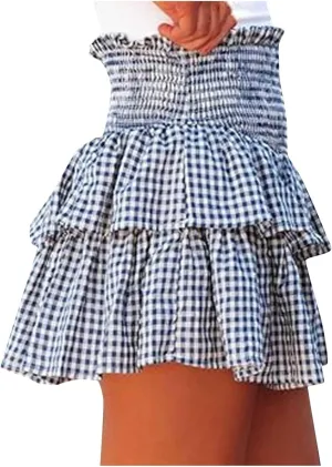 Women Y2k Plaid Ruffle Mini Skirt Smocked Waist Pleated Tiered Short Skirt Spring Summer A-line Skirt Streetwear
