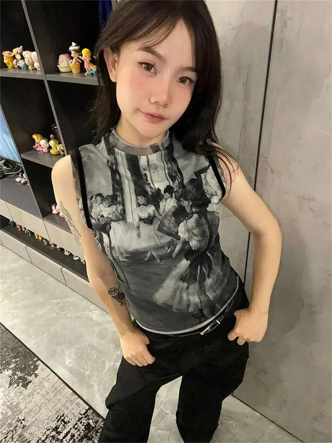 Women Y2k Vintage Tank Tops Print Mesh Tops See Through Sleeveless Patchwork Japanese Tee Tops