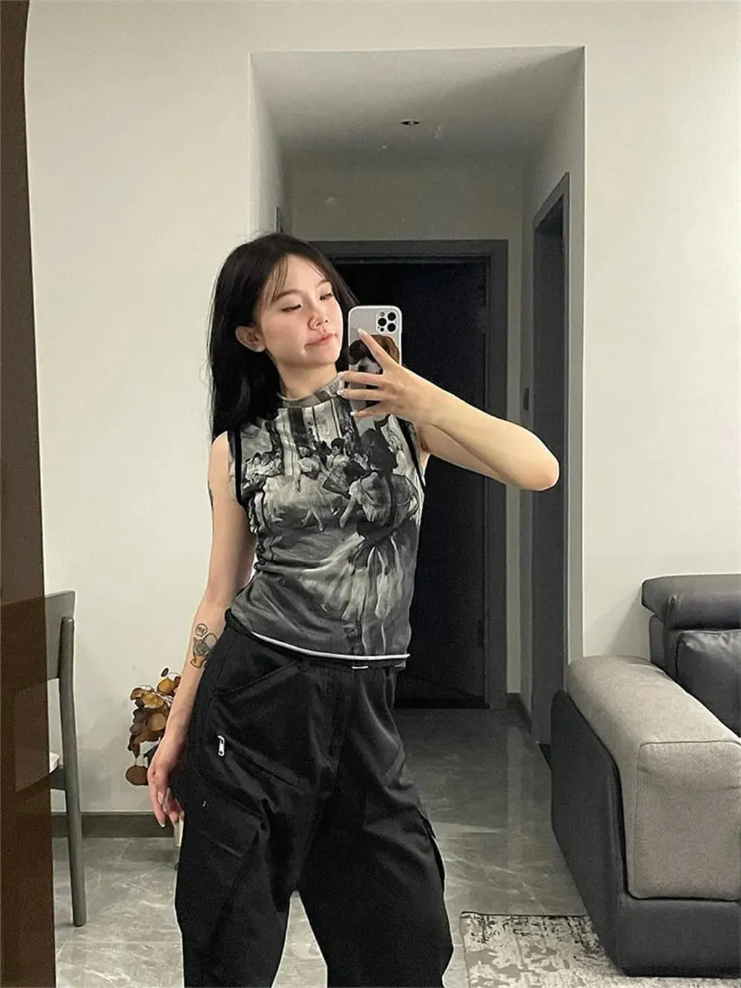 Women Y2k Vintage Tank Tops Print Mesh Tops See Through Sleeveless Patchwork Japanese Tee Tops