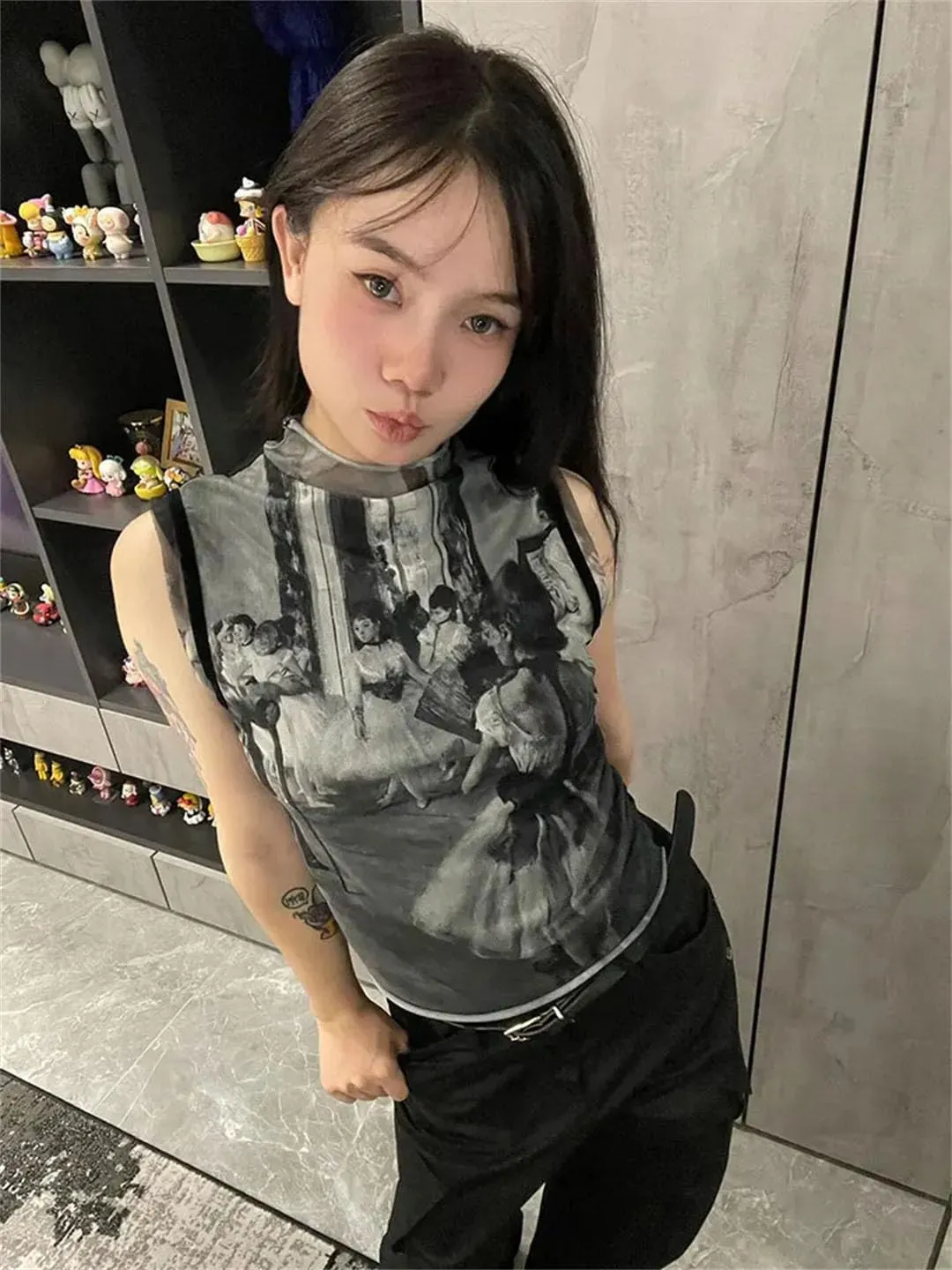 Women Y2k Vintage Tank Tops Print Mesh Tops See Through Sleeveless Patchwork Japanese Tee Tops