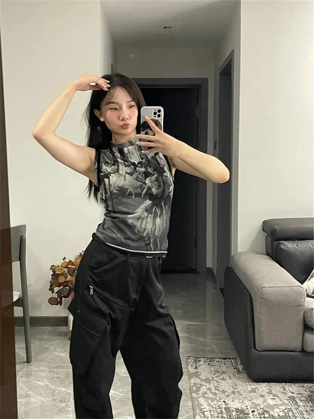 Women Y2k Vintage Tank Tops Print Mesh Tops See Through Sleeveless Patchwork Japanese Tee Tops
