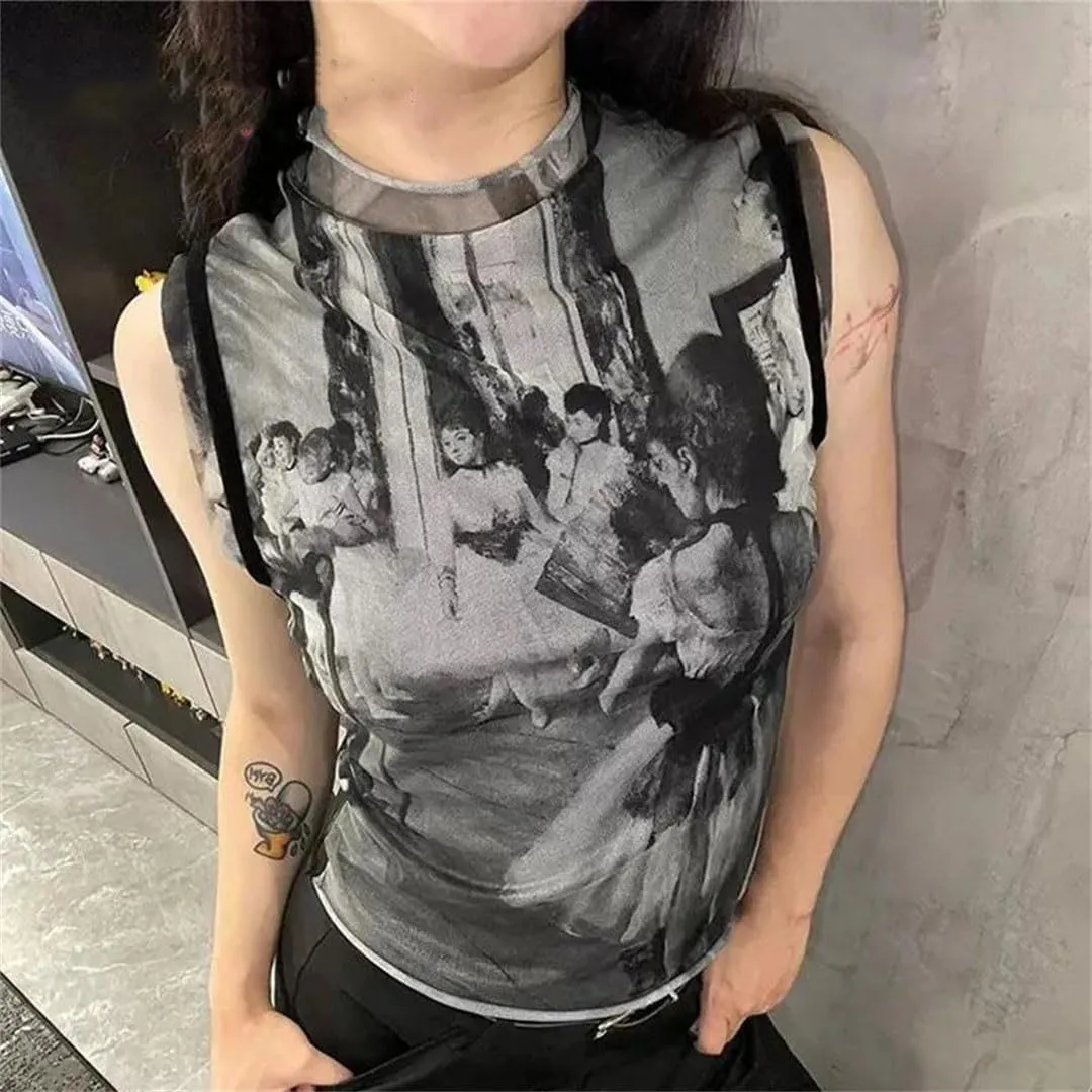 Women Y2k Vintage Tank Tops Print Mesh Tops See Through Sleeveless Patchwork Japanese Tee Tops