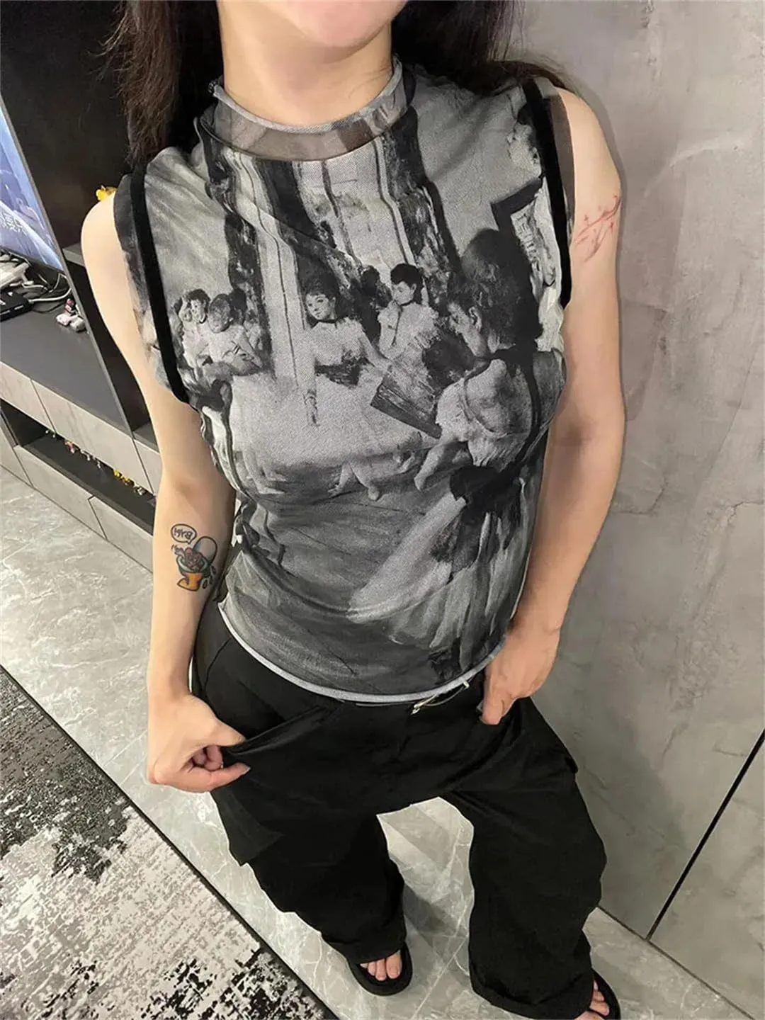 Women Y2k Vintage Tank Tops Print Mesh Tops See Through Sleeveless Patchwork Japanese Tee Tops