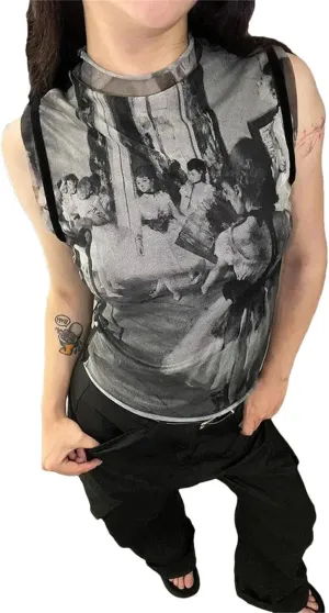 Women Y2k Vintage Tank Tops Print Mesh Tops See Through Sleeveless Patchwork Japanese Tee Tops