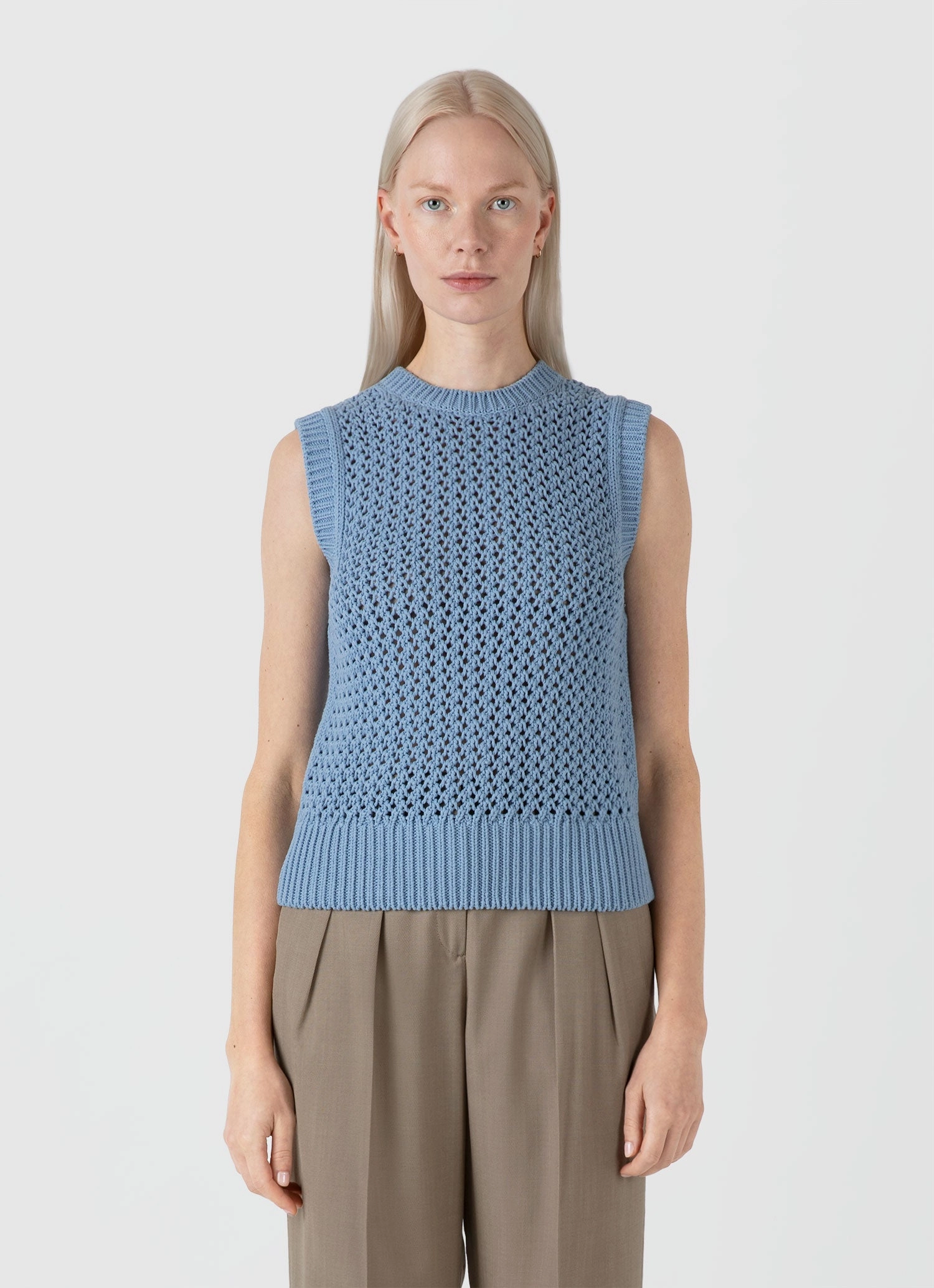 Women's Chunky Cotton Stitch Vest in Light Blue Fade Resistant Dye
