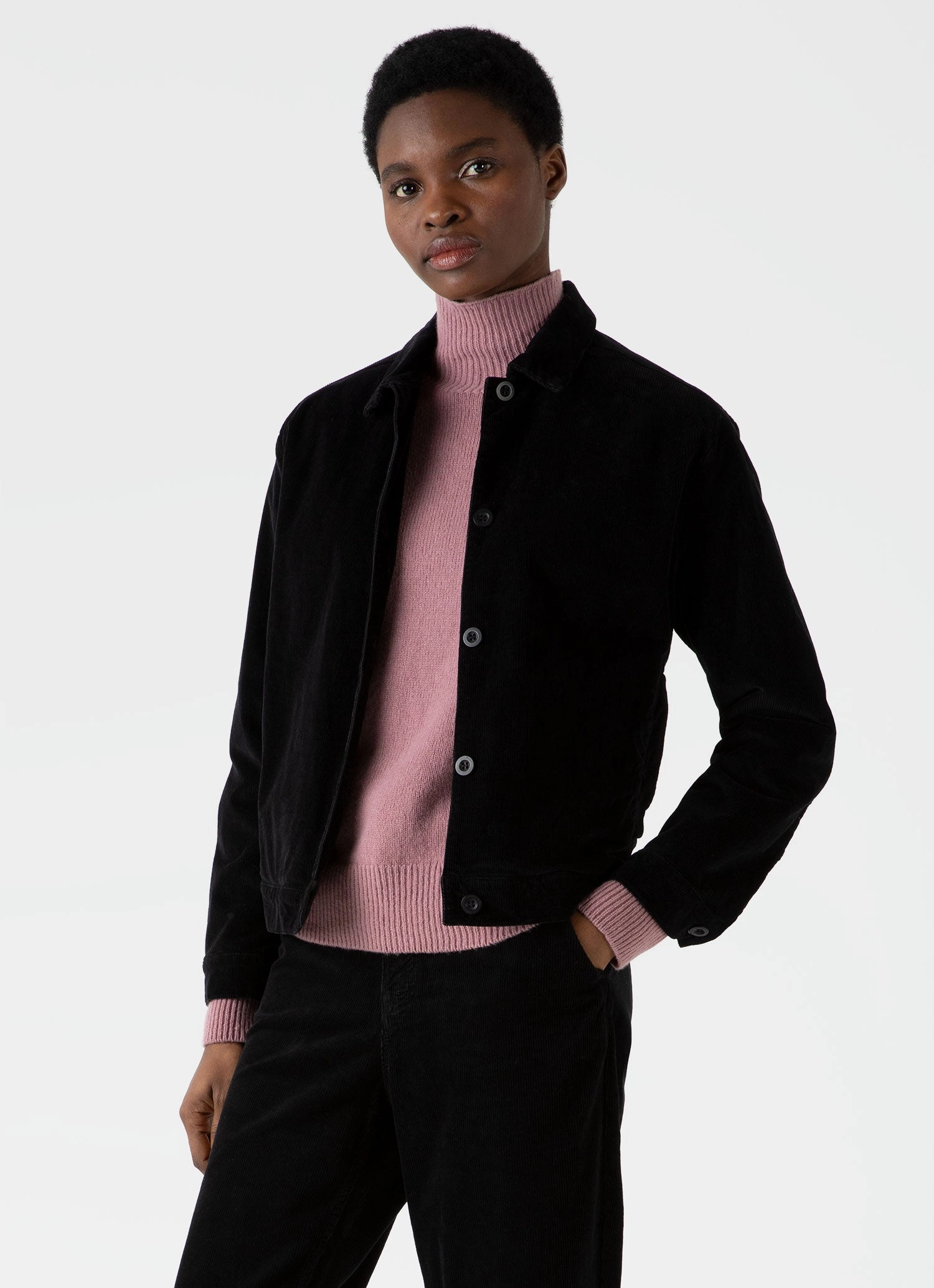 Women's Corduroy Boxy Jacket in Black runway show Multi Pocket