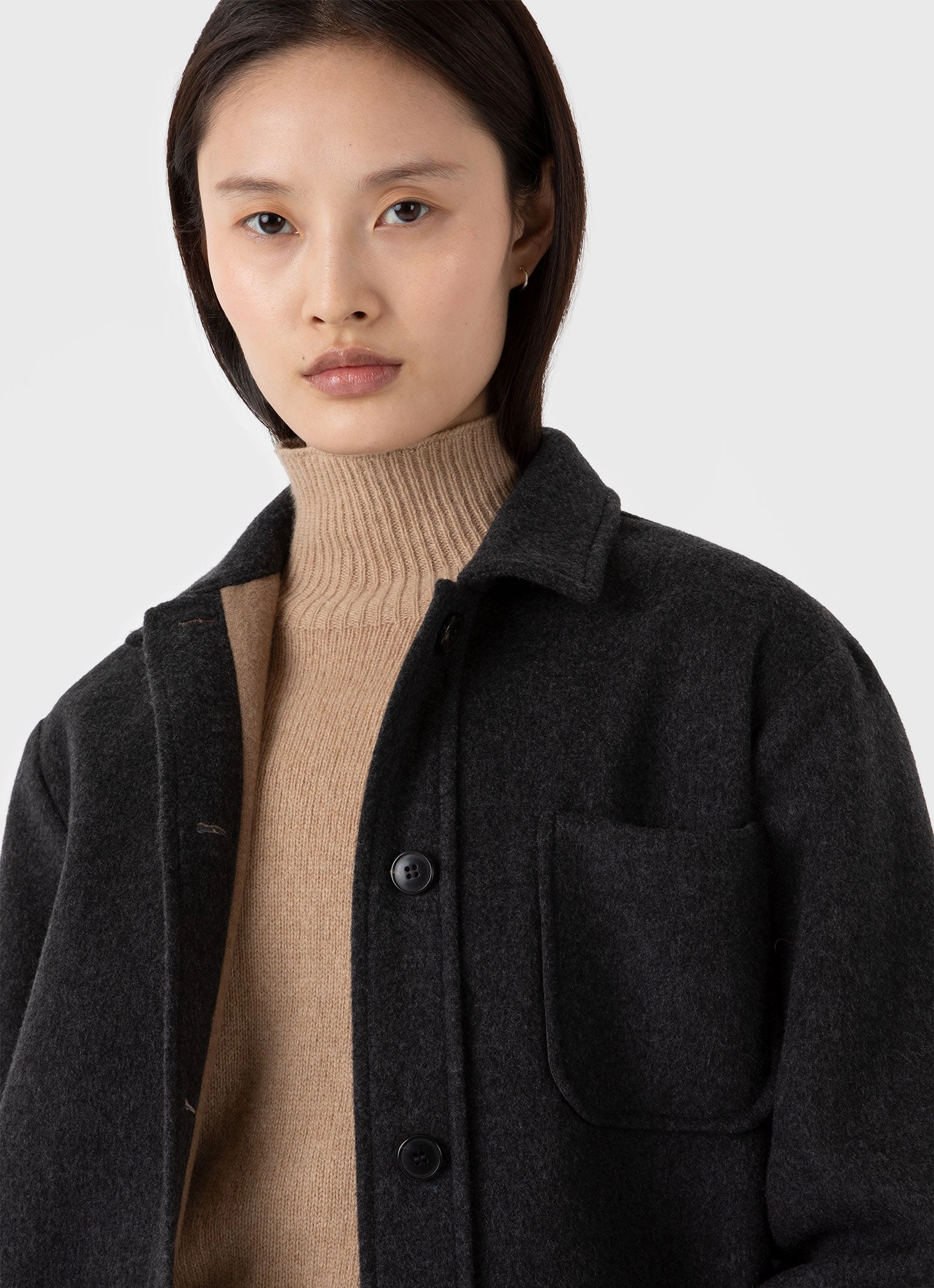 Women's Double Faced Twin Pocket Jacket in Charcoal Melange Polyfill Layer Integration