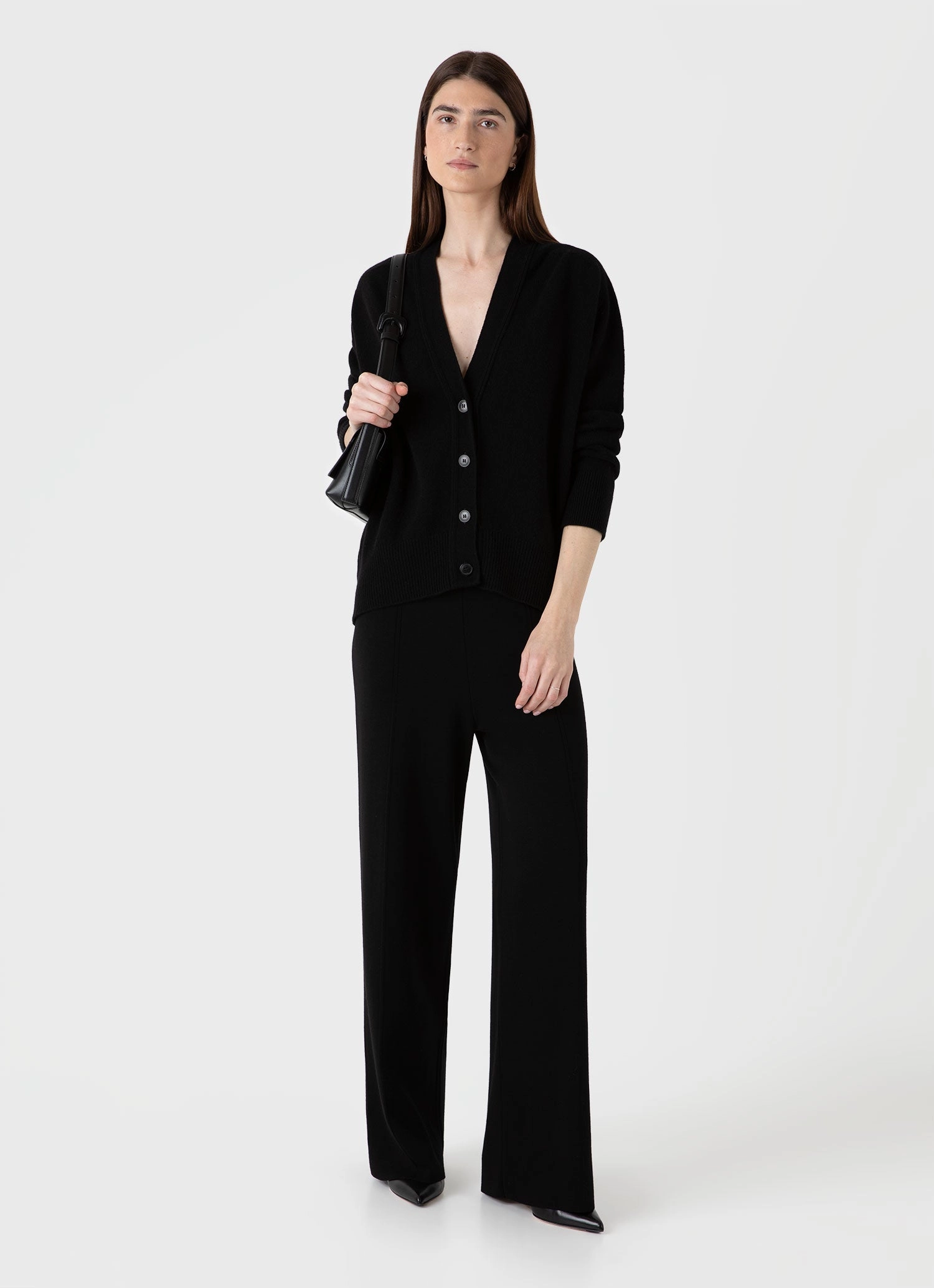 Women's Lambswool Cardigan in Black Durable Elasticity Layered HeatTrap Stitching