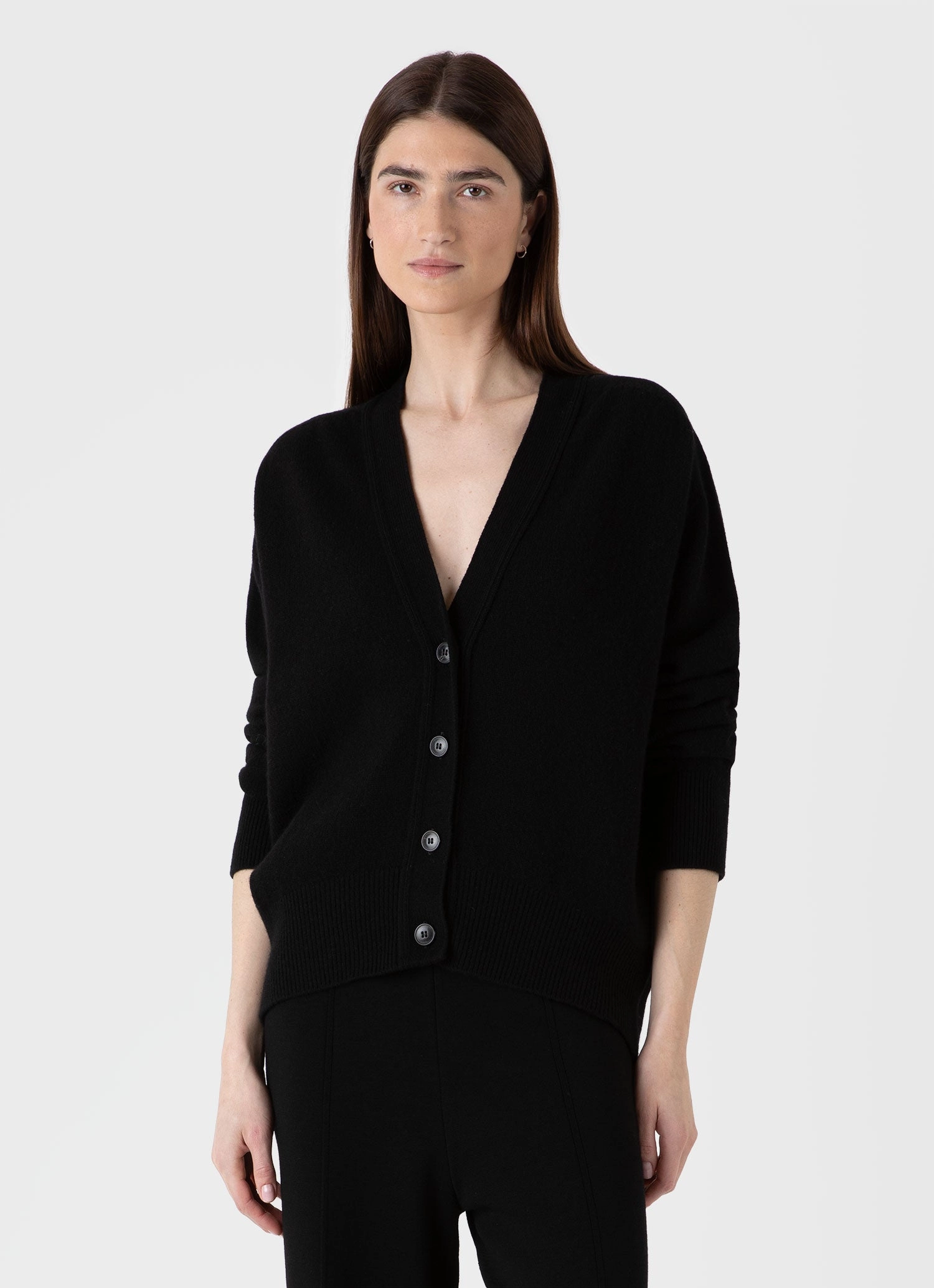 Natural Fiber Blend Interlock Weave Women's Lambswool Cardigan in Black