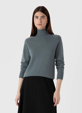 Women's Lambswool Funnel Neck Jumper in Smoke Green Layered Panel Design Perfect Layer Morning Chill Women's Lambswool Funnel Neck Jumper in Smoke Green