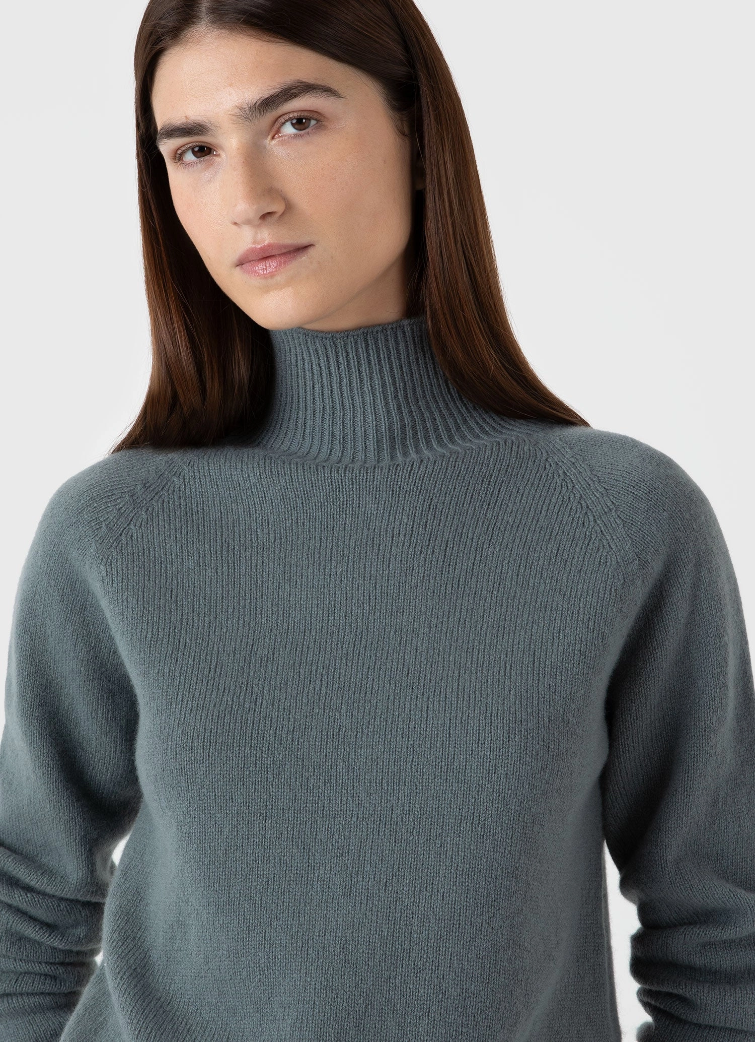 Ethical Production Certified Crewneck Style Women's Lambswool Funnel Neck Jumper in Smoke Green
