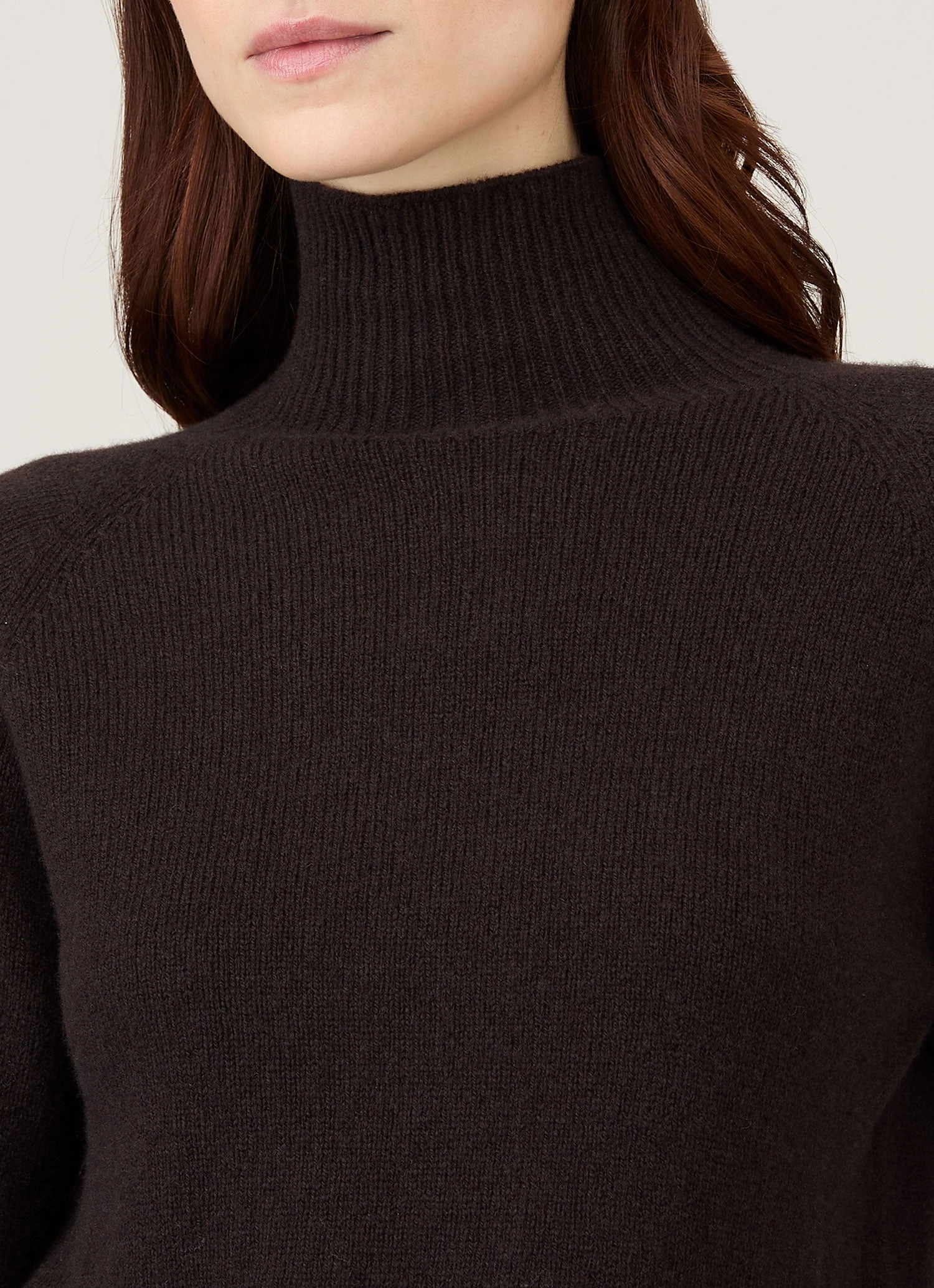Women's Lambswool Funnel Neck Jumper in Truffle Thermal Lined Cuffs Layered Edging