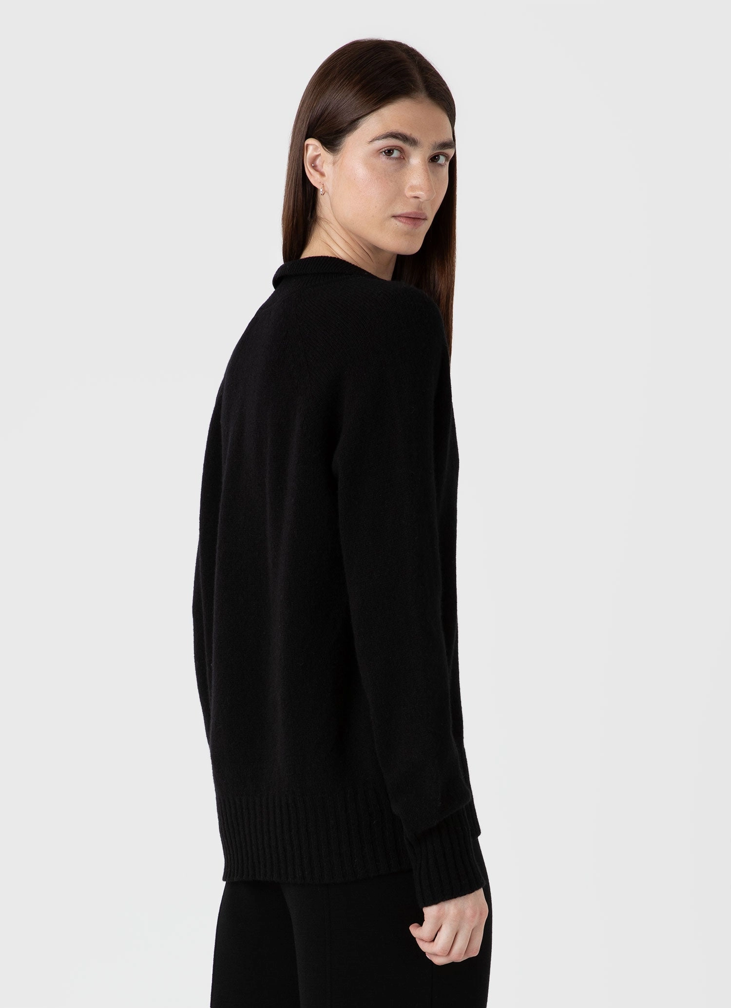 Women's Lambswool Polo Jumper in Black Ribbed Collar Detail Low Maintenance Fibers