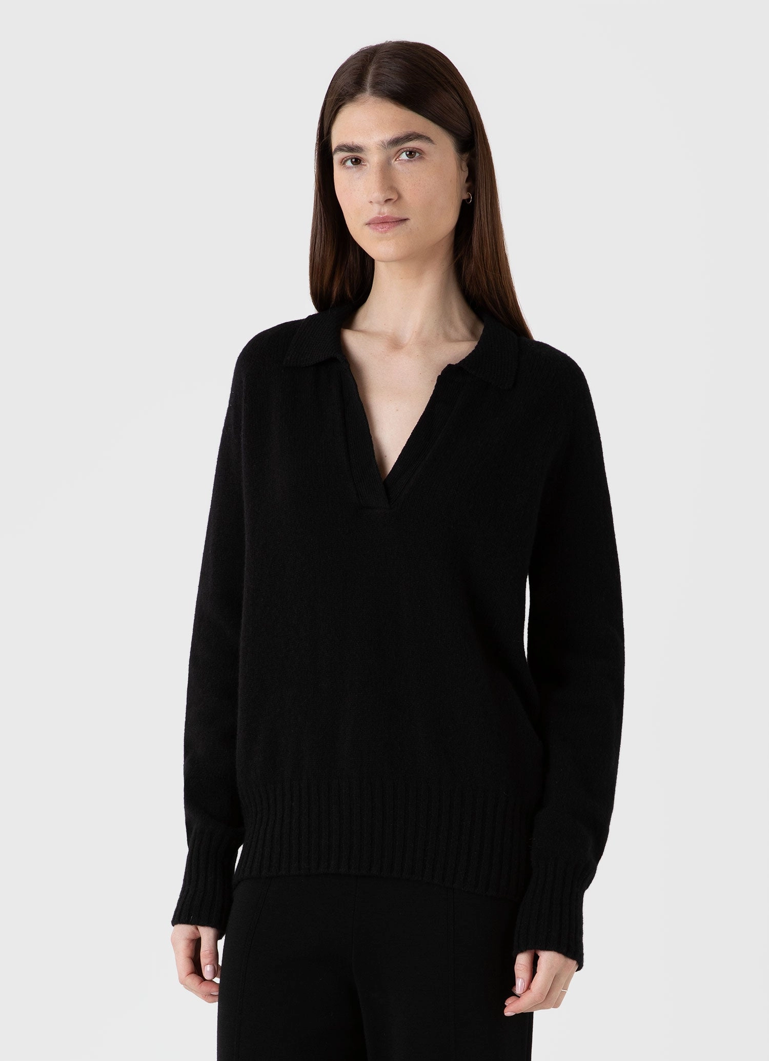 Women's Lambswool Polo Jumper in Black Garment Shaping Panels Recycled Polyester Blend