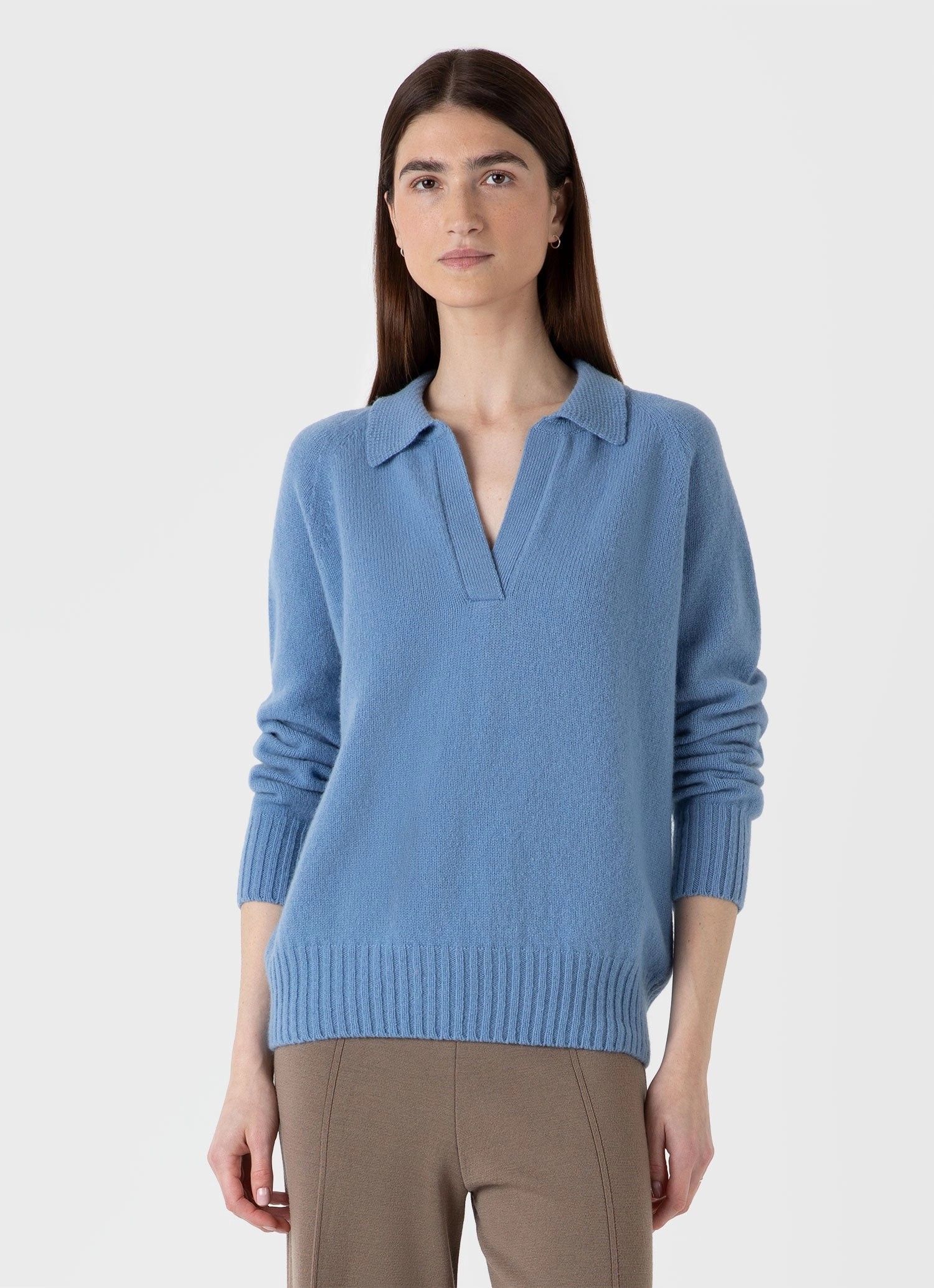 Organic Cotton Knit Reinforced Edges Women's Lambswool Polo Jumper in Cornflower