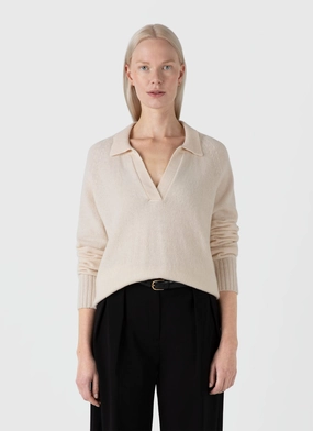 Women's Lambswool Polo Jumper in Ecru Eco Certified Dye Process Travel Light Women's Lambswool Polo Jumper in Ecru