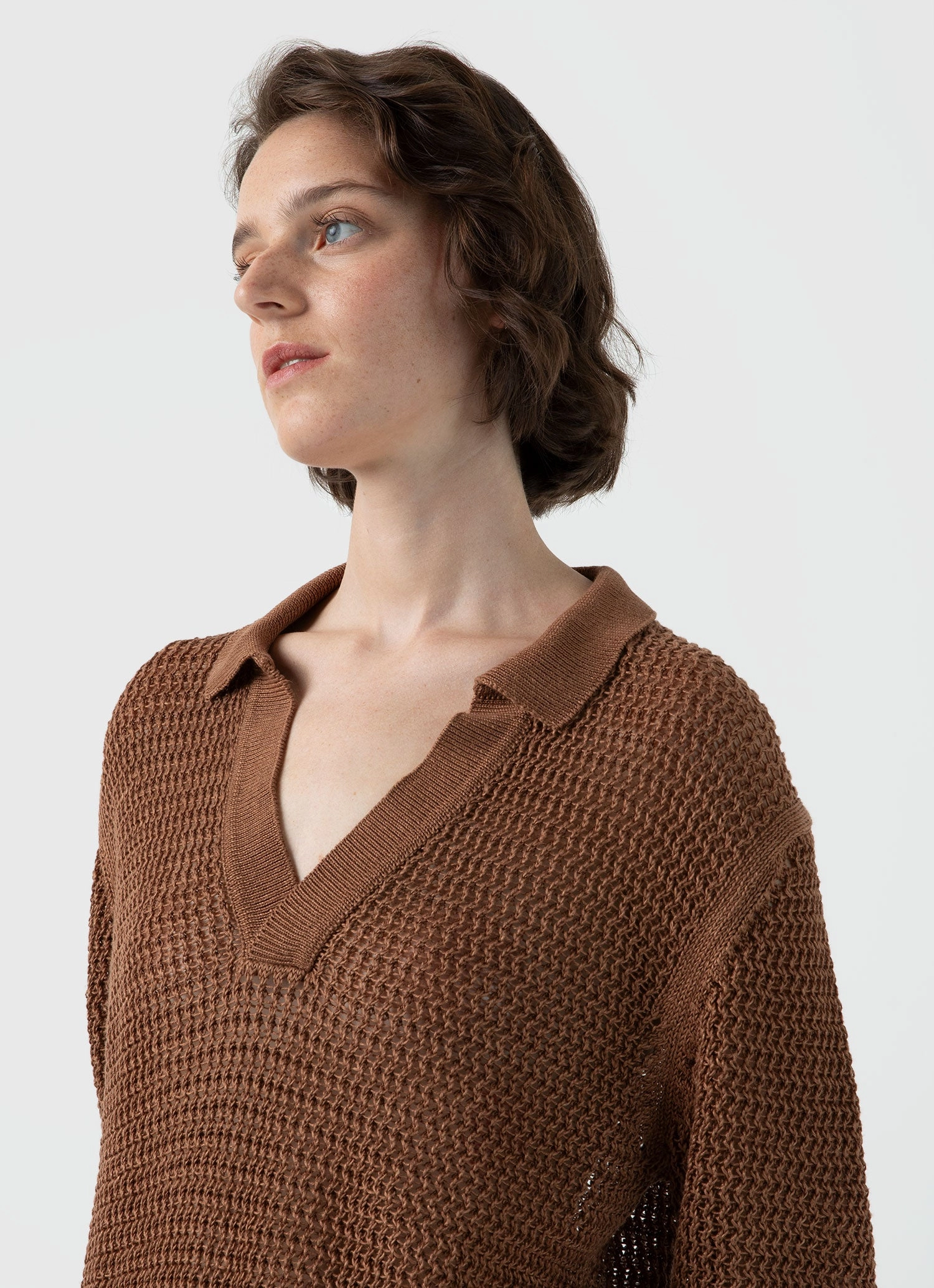 Women's Linen Mesh Polo Shirt in Brown Interlock Weave Travel Ready