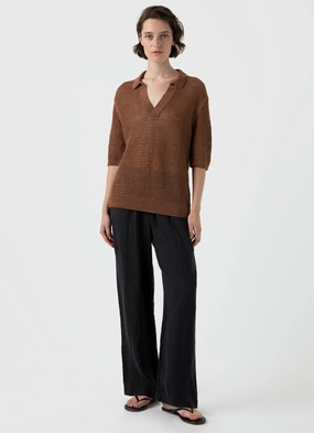 Women's Linen Mesh Polo Shirt in Brown FadeResistantFabric Women's Linen Mesh Polo Shirt in Brown Texture Detail